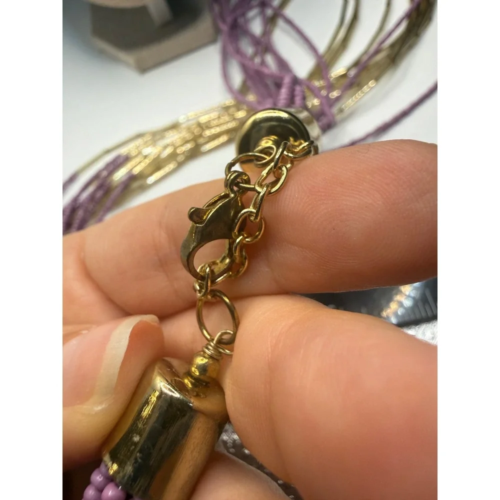 Multi‎ Strand Lavender Purple Seed Bead Gold Tone Bugle Bead Statement Necklace